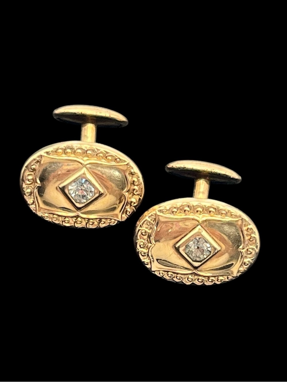 Victorian gold tone embossed design clear rhinestone vintage cufflinks